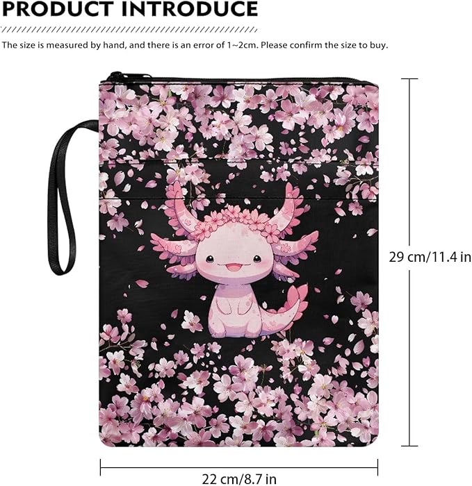 COEQINE Axolotl Flower Book Covers for Girls Large Capacity Book Sleeves Cover with Zipper Portable Book Cherry Blossom Book Pouch Case
