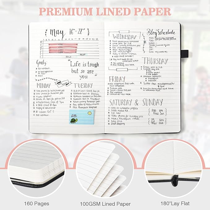 OMEYA Lined Journal Notebook, 3 Pack A5 College Ruled Notebooks for Work, Hardcover Notebook Each with 2 Pockets & Pen, Leather Journal for Women, Men, 160 Pages, 100GSM Thick Paper (Pink)