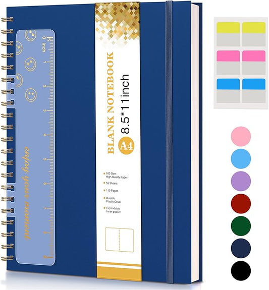 Blank Spiral Notebook Journal 8.5” x 11”, A4 Large Sketch Book for Women Men, 100 GSM Blank Paper Drawing Notebook, Plastic Hardcover Spiral Bound Sketchbook for Sketching Work School Writing, Navy