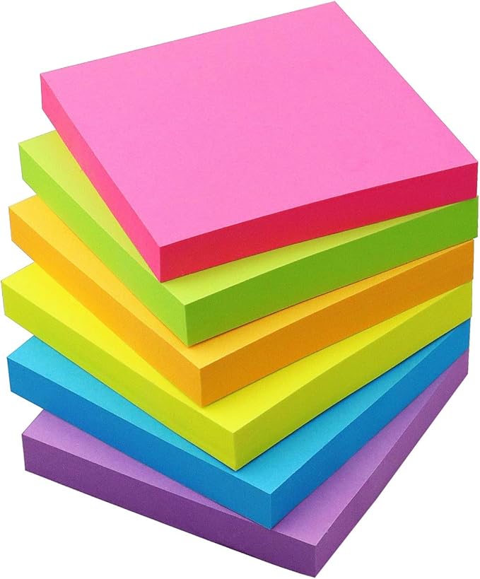 Sticky Notes 3x3 Self-Stick Notes Pads with 6 Bright Colors, Easy to Post for Office, Shool, Home, 6 Pads/Pack, 100 Sheets/Pad(Standard)