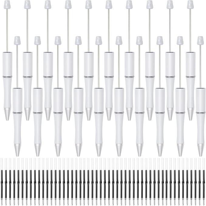 jiebor 20Pcs White Beadable Pens Plastic Bead Ballpoint Pens Bulk with 50Pcs Black Ink Cute Cool Diy Pens for Journaling Women Teacher Graduation Christmas Gift Office Supplies
