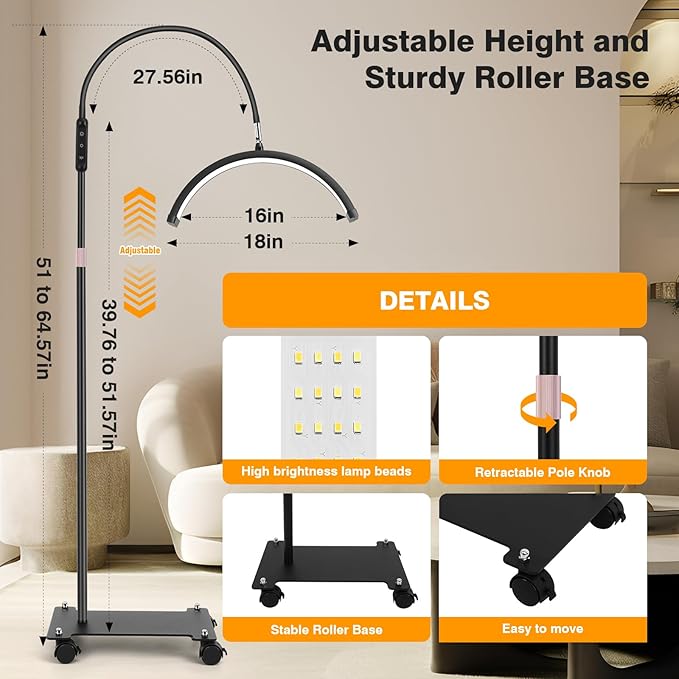 Lash Light for Eyelash Tech with Wheels, Half Moon Light for Lashes, Nails and Estheticians, LED Floor Lamp Adjustable Brightness and Color Modes (Black)