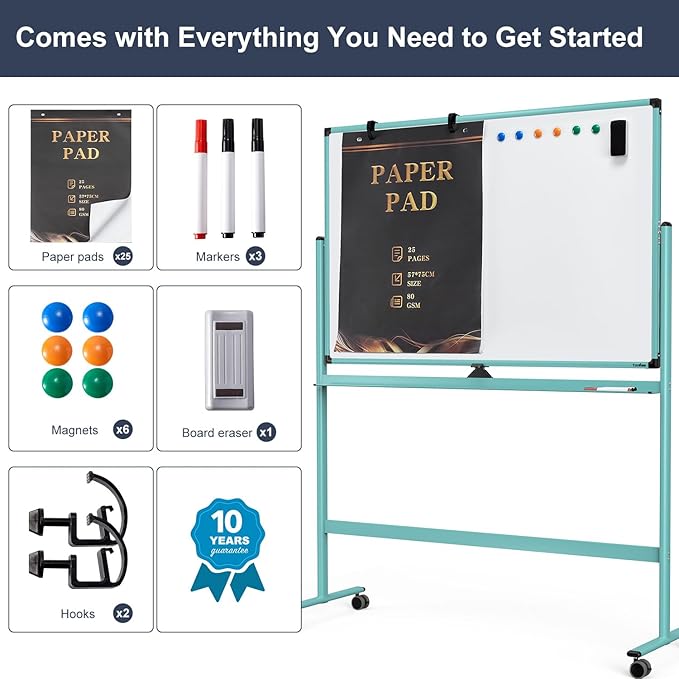Rolling Whiteboard, 48x32 Inches Dry Erase Board with Stand, Magnetic Mobile Whiteboard on Wheels, Standing White Board for Office, School, Home, Large Double Sided White Board with Paper Pad