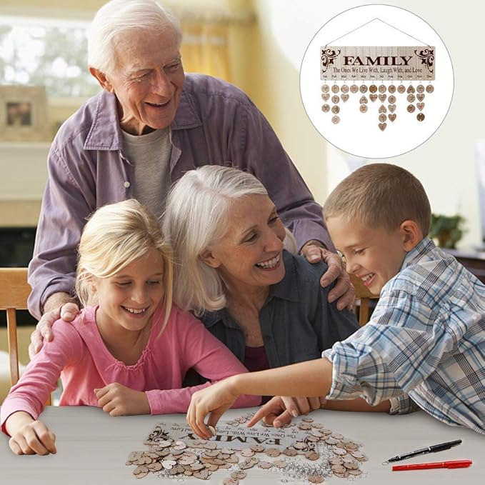 Gifts for Mom Grandma to Remember Family Birthdays, Joy-Leo Wooden Family Birthday Reminder Calendar Board with 100 Wood Tags, Decorative Birthday Tracker Plaque Wall Hanging, Model JL01