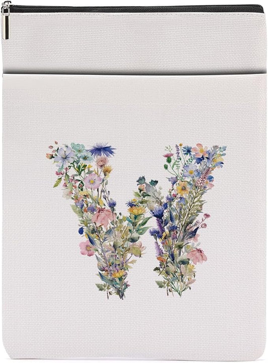 Monogrammed Book Sleeve Floral W Initial Book Pouch Book Accessories Book Lovers Gifts Waterproof Book Cover Book Protector Bookish Gifts Personalized Gifts for Women Girls Readers Bride Wife