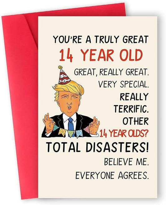 Funny Trump 14th Birthday Card Gift for Son Daughter, Humorous 14 Year Old Birthday Gift for Boys Girl, Happy 14th Birthday Decorations for Him Her