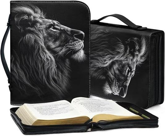 Lotusorchid Lion Print Faux Leather Bible Covers for Men, Portable Zippered Bible Carrying Case Bible Tote Bag for Women Girls, Christian Bible Study Accessories, Black, M