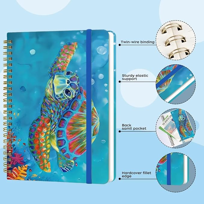 Spiral Notebook - A5 Spiral Notebooks, 8.3'' × 5.8'', 160 Pages, Aesthetic Journaling Notebooks for Women, College Lined Notebook with Elastic Closure, Back Pocket, for School Office, TurtleA