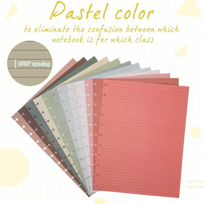 PerKoop 12 Pack 480 Sheets Colored Discbound Refill Paper 8.5 x 11 Inch College Ruled 11 Disc Letter Size Lined Paper Multicolored Refill Notebooks Disc Paper for Refill Paper Journaling(Novel Color)
