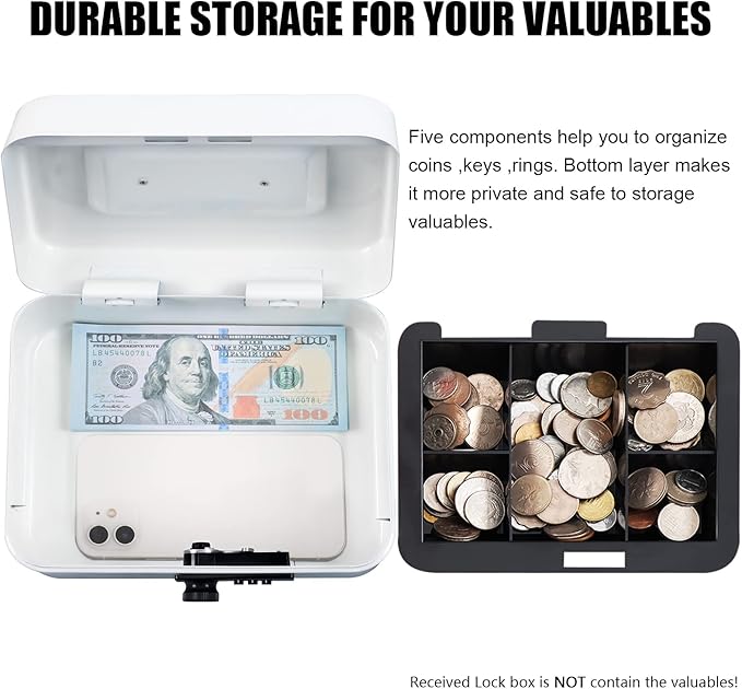 KYODOLED Cash Box with Combination Lock,Safe Metal Box for Money,Storage Lock Box with Money Tray,7.87"x 6.30"x 3.54" White Medium