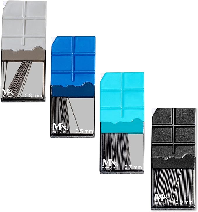 Mozart Essential Set of Lead Refills - 4 Sizes: 0.3, 0.5, 0.7 & 0.9 mm with 100 HB Lead Refills for Each - for Sketch, Architecture, Drafting, Art, Drawing Supplies, Metal Mechanical Pencils