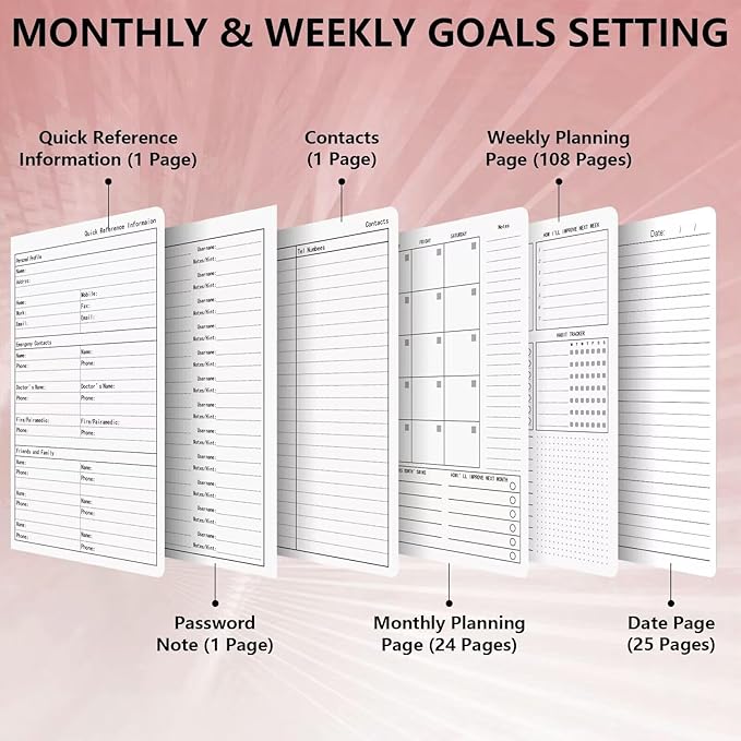 Undated Weekly Monthly Planner, Weekly Monthly Hardcover Planner with Goal & Habit Tracker Organizer, A5 Daily Planner Notebook Leather Cover