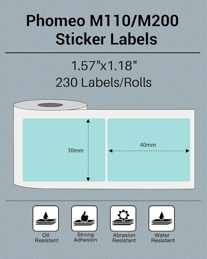 Phomemo Sticker Label M110/M221/M220/M120/M200/M110S Thermal Label- Black on Green 1.57"x1.18"(40x30mm) for Small Business, Home, Office, 230 Labels/Roll