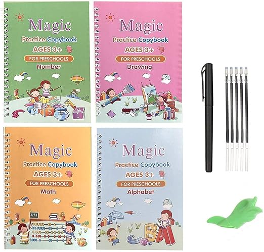 Magic Practice Copybook for Kids, Magic Calligraphy That Can Be Reused,Magical Handwriting Workbooks Practice Copybook for Preschoolers Kindergarten(4Book + Pen Set)