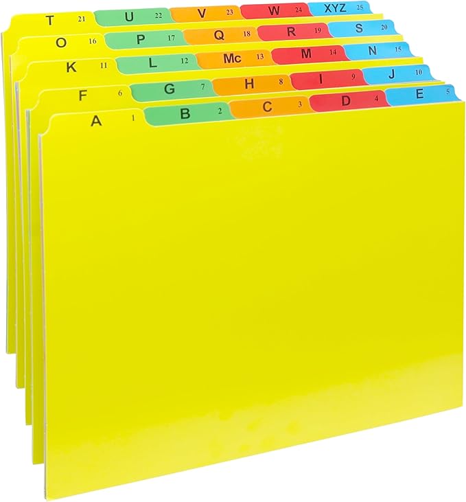 Iconikal Alphabetical File Folder Guide Dividers, A-Z Index, 5 Tabs Across Heavyweight, 5 Full Colors, Letter Size, 1/5 Cut Tab Positions, Heavy Duty Filing Cabinet