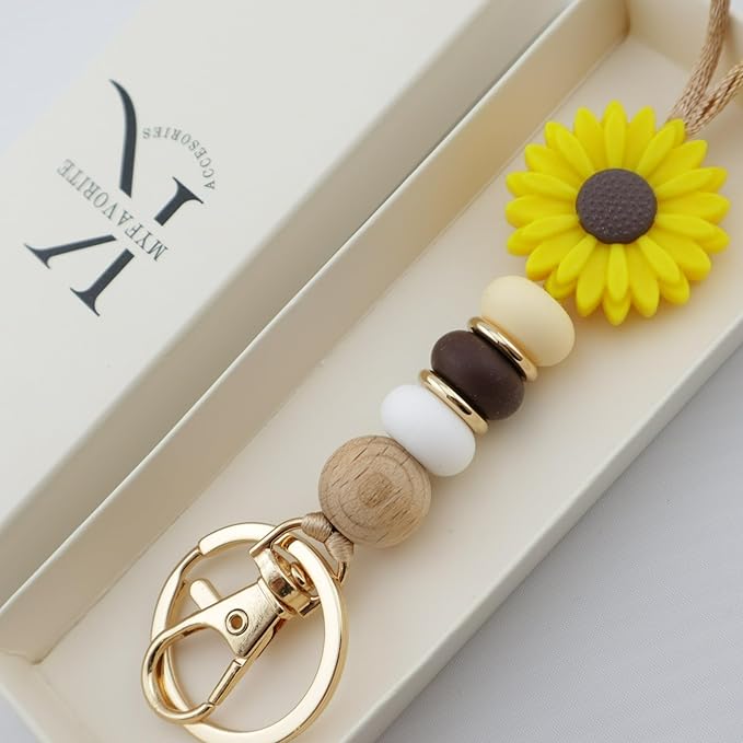 Flower Teacher Lanyards ID Badge and Key Chain, Cute Silicone Beads Lanyard for Women Nurse Work Student (Sunflower)
