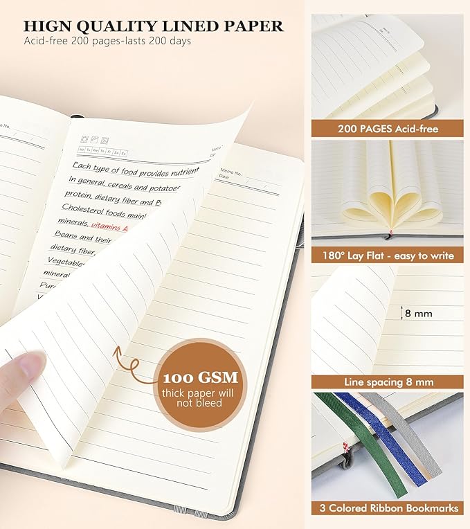 Lined Journal Notebook for Women and Men,Hardcover Leather Journaling Notebook for Writing, Travel, Business, Work and School,200 Pages A5 Notebook for Note Taking, Diary 5.9" × 8.5" - gery