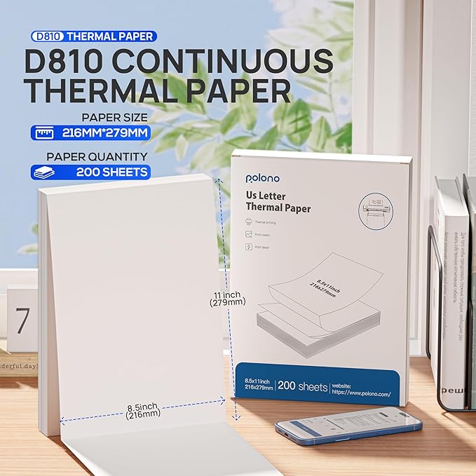 POLONO D810 Thermal Printer Paper 8.5 x 11 Inch, Advanced Thermal Printing, US Letter Size Thermal Paper Compatible with D810, Size 8.5" x 11", 200 Sheets