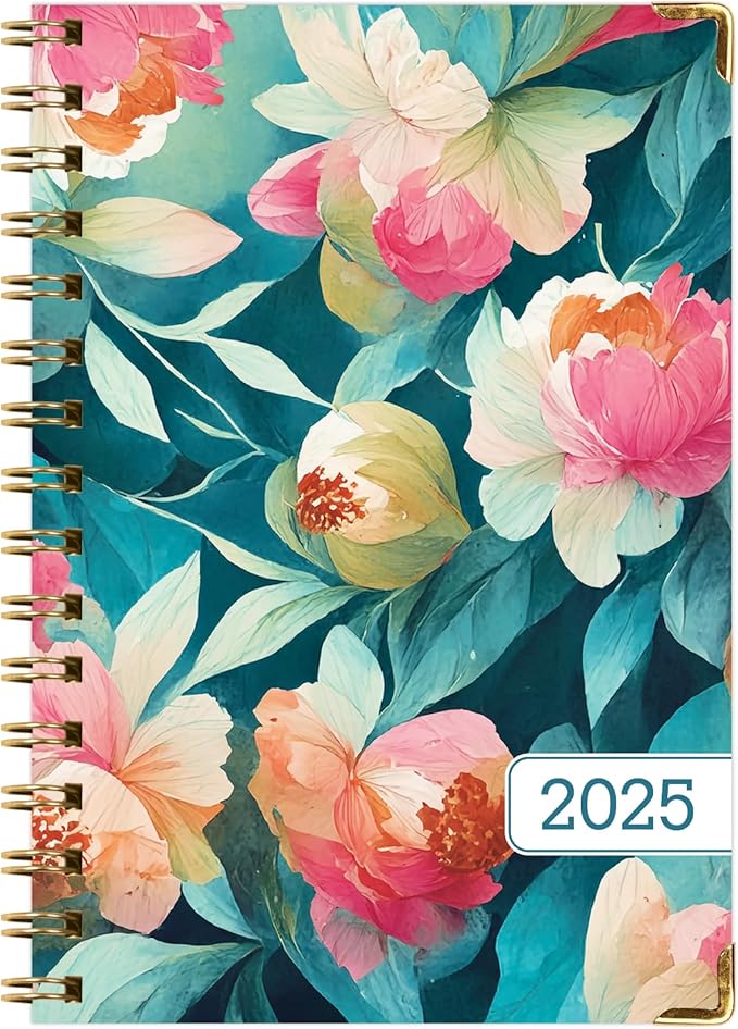 HARDCOVER 2025 Planner, 5.5"x8": 14 Months (November 2024 - December 2025), Daily Weekly Monthly Planner, Yearly Agenda, Bookmark, Pocket Folder and Sticky Note Set (Teal Floral)