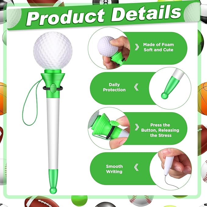 Lincia 24 Pcs Sport Funny Pen Hoop Ballpoint Novelty Bulk Plastic Sports Soccer Basketball Baseball Football Tennis Golf Themed Pen for Birthday Party School Award Party Favor Supplies(Golf)