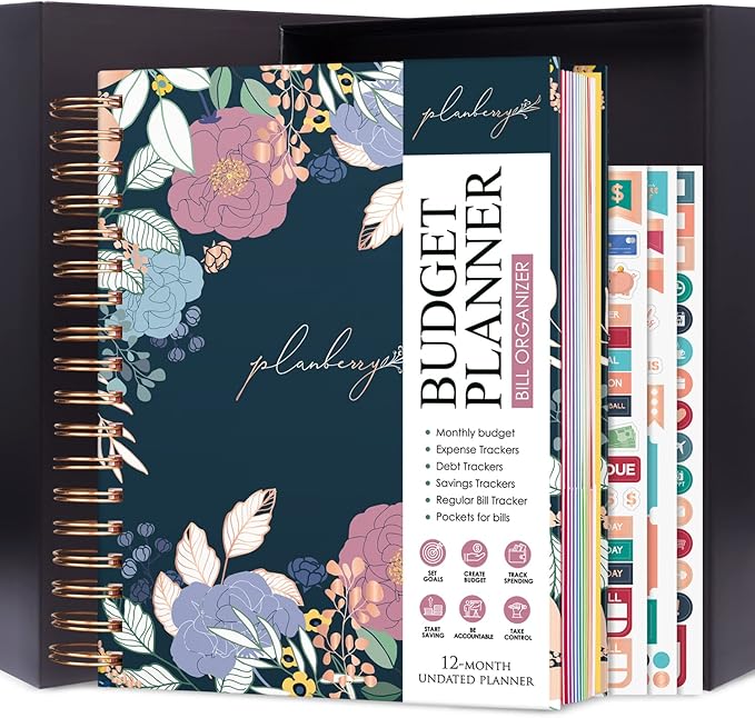 PLANBERRY Large Budget Planner & Monthly Bill Organizer with Pockets – Budgeting Book, Finance & Expense Tracker, 8.3x9.4″ (Spring Bloom)