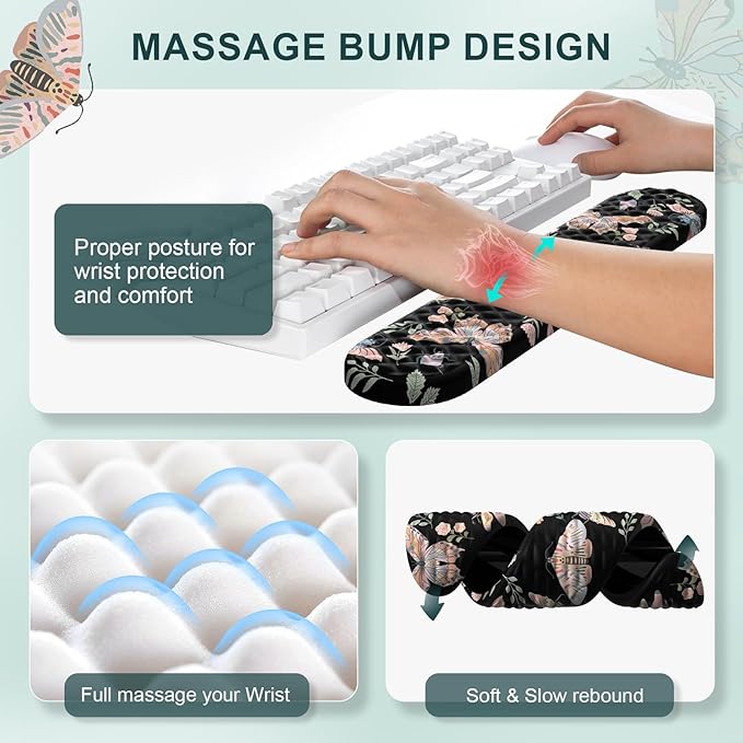 iLeadon Large Mouse Pad and Keyboard Wrist Rest,4in1 Desk Pad Set for Computer Keyboard,Long Floral Mouse Pad XXL+Cup Coaster with Non-Slip Base for Home Office,Black Insect