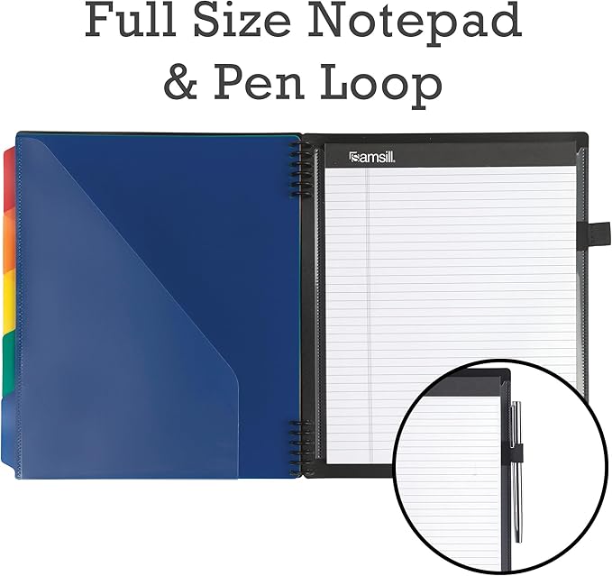Samsill Left-Handed 10 Pocket Poly Project Organizer with 5 Dividers, File Folders Letter Size, Quick Access Front Pocket, Refillable Notepad, Erasable Write-On Tabs in Assorted Colors