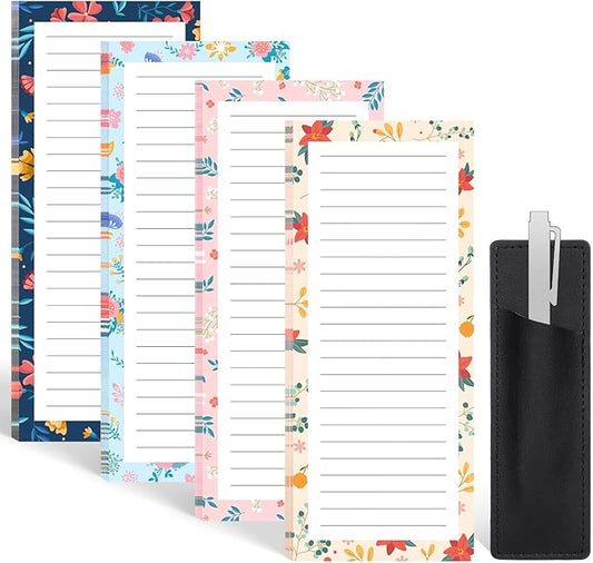 4 Pack Magnetic Note Pad for Fridge with Pen Holder, Totally 200 Sheets Magnetic To Do List, Shopping List, Grocery List, Memo Pads for Refrigerator（Flower Design）