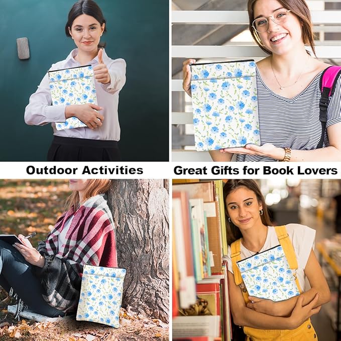 Blue Flowers Pattern Book Lovers Gifts Waterproof Book Sleeve Book Pouch Book Protector with Zipper and Front Pocket BookCover Case for Women Best Friend Sister Book Accessories Book Club Gifts
