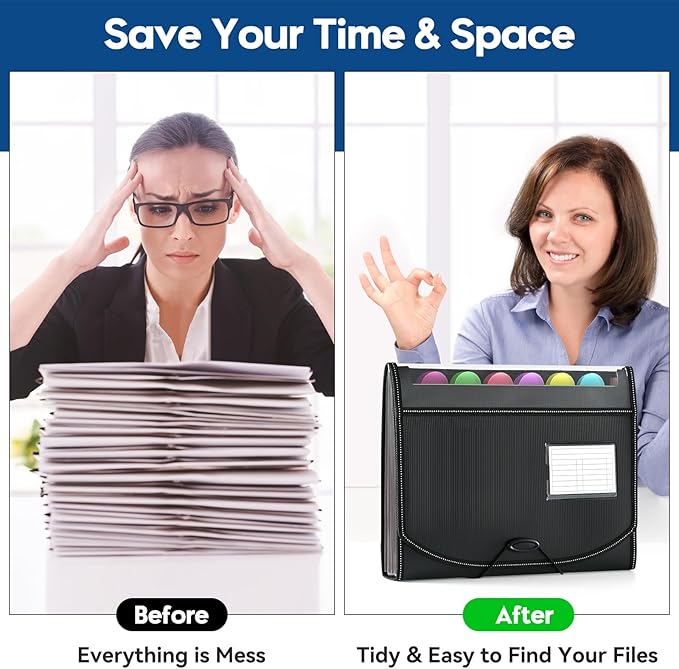 12-Pocket-Expanding File-Folder,Accordion-File-Organizer, A4/US Letter Size Paper Receipt Organizer Accordian Filing Folders (Black-C-12 Pockets)