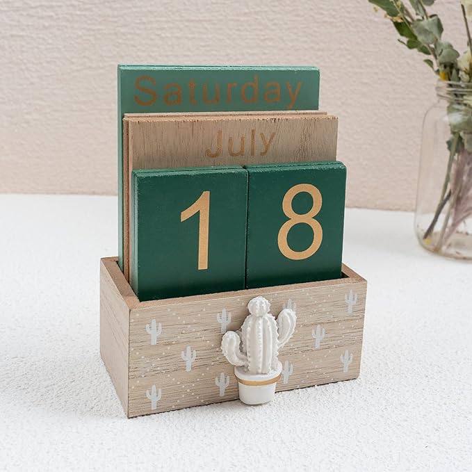 Notakia Perpetual Calendar, Wooden Calendar for Home Office Desk Accessories Vintage Wood Block Calendar(Green)