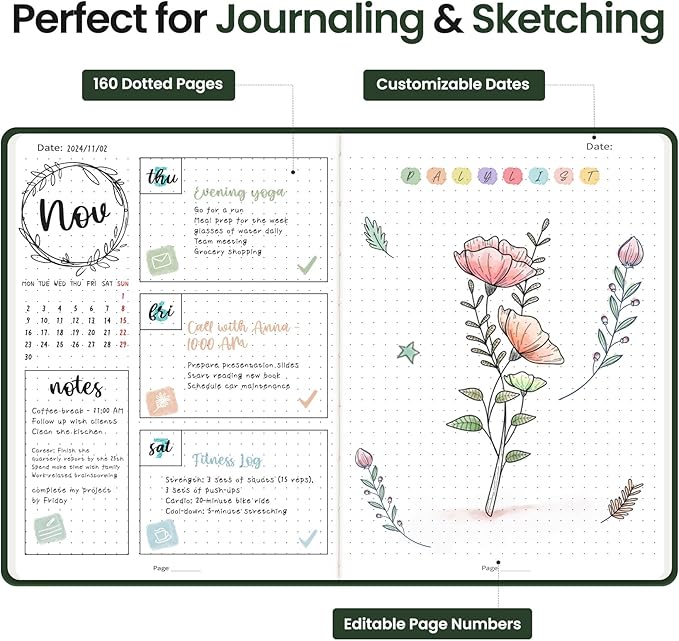 Bullet Dotted Journal Notebook for Women & Men, Hardcover Leather Journal for Writing, A5 Bullet Journaling Notebook for Work & Sketching, Perfect for Office School Home Supplies, 160 Pages, Dark Green