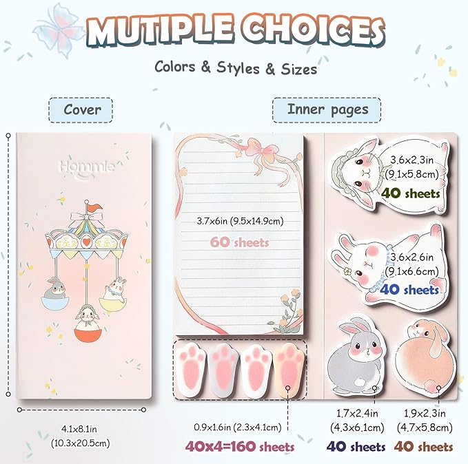 Hommie Cute Sticky Notes, Sticky Notes Set Planner Dividers Self-Stick Notes Pads Animal Divider Tabs Bundle Writing Memo for Home Office School Supplies
