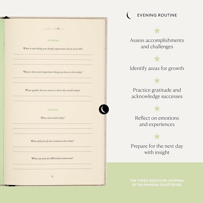 The Three Question Journal Dr. Rangan Chatterjee - Daily Gratitude Journal 2025 for Mindfulness, Stress Relief, Guided Journal for Daily Mental Wellness Personal Growth - Linen - Intelligent Change