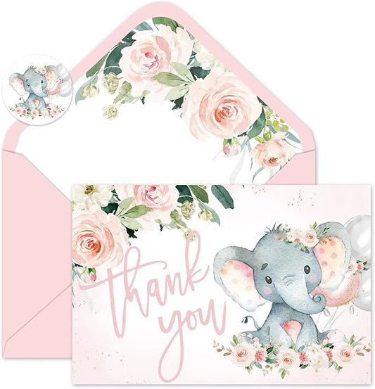 Whaline 24 Pack Baby Shower Thank You Cards Elephant Flower Greeting Cards with Envelopes Stickers Pink Floral Animal Blank Note Cards for Birthday Party Invitation Supplies, 4 x 6 Inch