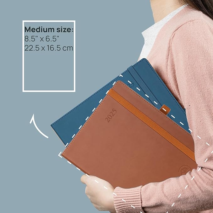 POPRUN Monthly Planner 2025-2026 (Medium- 6.5'' x 8.5'' Soft Cover), 18-Month Calendar Book (January 2025-June 2026), Calendar Planner with Monthly Tabs & Pocket, 100 GSM Paper - Brown