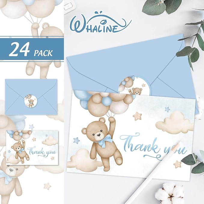 Whaline 24 Pack Bear Thank You Card Blue Bear Balloon Greeting Card with Envelope Sticker Cute Blank Note Card for Baby Shower Party Invitation Supplies, 4 x 6 Inch