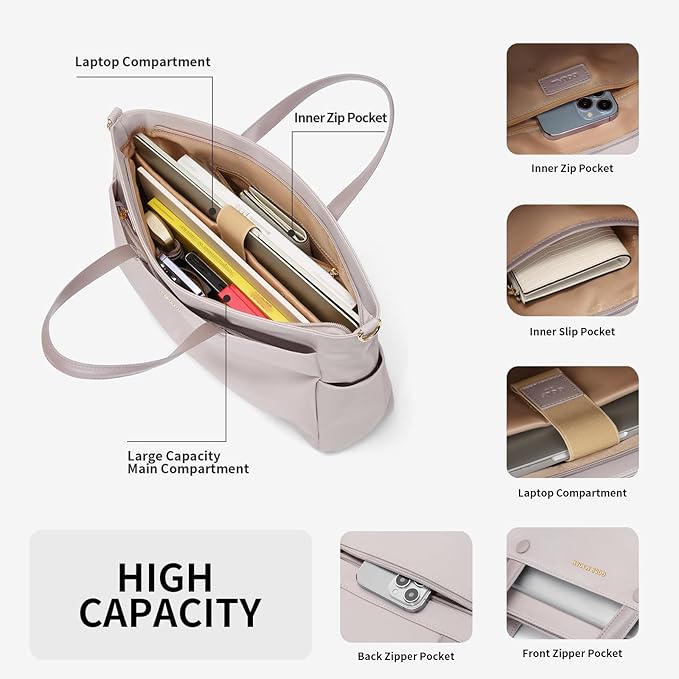 Laptop Tote Bag 15 Inch, Computer Shoulder Bag Large Work Tote Bag for Women, Laptop Carrying Case Stylish Handbag for Business Travel (Pinkish Grey)