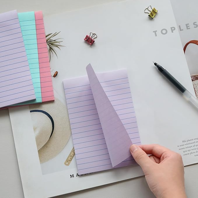 9 Pack Lined Sticky Notes 4X6 in Post Sticky Notes with Lines, Large Ruled Post Sticky Colorful Super Sticking Power Memo Pads Strong Adhesive, Sticky Notes 4x6 (Orchid Frost, Pink, Blue)