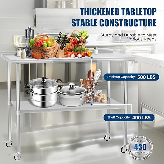 Stainless Steel Table with Wheels 30 x 48 Inches Metal Prep Table with Backsplash & Adjustable Undershelf, Stainless Table for Commercial Kitchen, Outdoor, Restaurant, Hotel & Garage