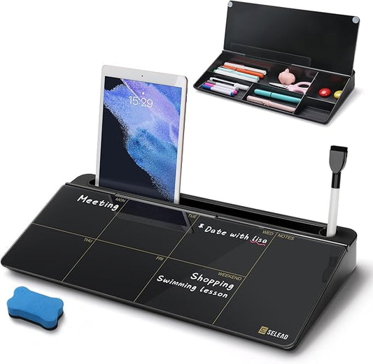 SELEAD Desktop Glass Whiteboard Weekly Planner Calendar with Organizer, Markers, Eraser, Holder - Small Dry Erase White Board TODO List Memo for Home, School, Office Desk Accessories - Black