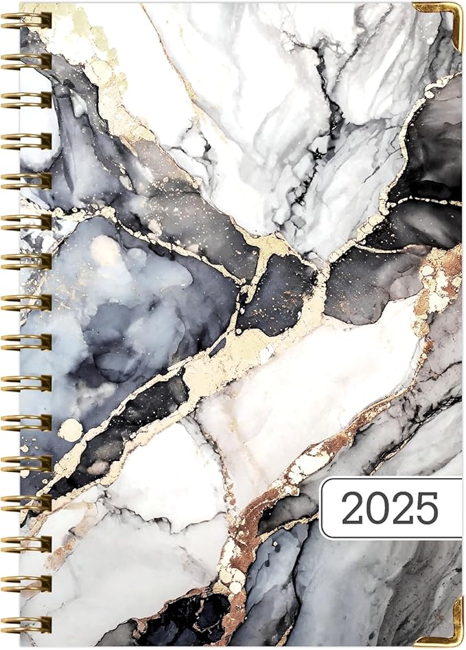 HARDCOVER 2025 Planner, 5.5"x8": 14 Months (November 2024 - December 2025), Daily Weekly Monthly Planner, Yearly Agenda, Bookmark, Pocket Folder and Sticky Note Set (Black Gold Marble)