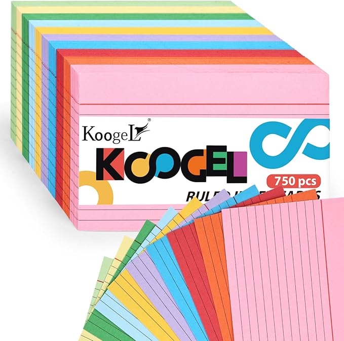 Koogel Index Cards 3 x 5 Inch, 750 Count, Ruled on both Sides, 10 Assorted Colors, Note Cards for Studying School Supplies, Office Organization