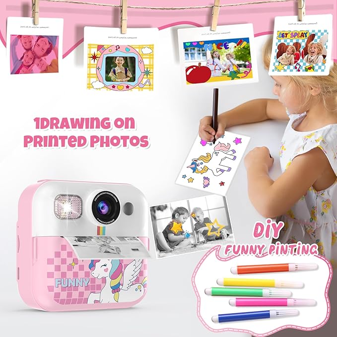 Kids Camera,Toddler Camera Instant Print Toys,1080P Children Printable Camera,Pink Selfie Camera Christmas Birthday Gifts for Girls Boys Age 3-10 with 3 Roller Photo Paper