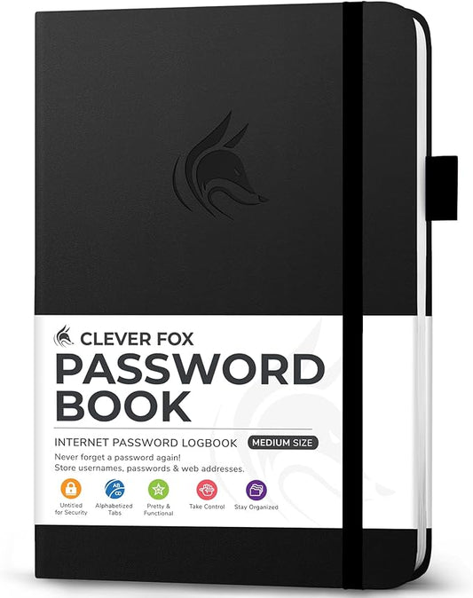 Clever Fox Password Book with Alphabetical tabs. Internet Address Organizer Logbook. Medium Password Keeper for Website Logins (Black)