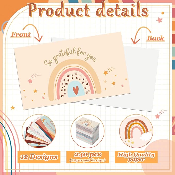 Yeaqee 240 Pcs Employee Appreciation Kudos Cards Funny Blank Back Motivational Card Encouragement Thank You Note Recognition Card for Teacher College Affirmation Gift(Bohemia)