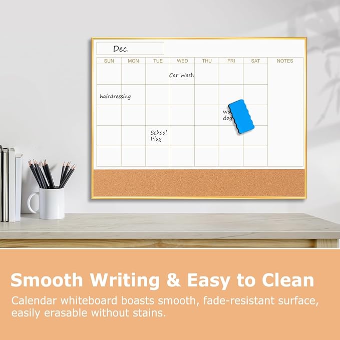 Calendar Whiteboard for Wall - 24'' x 18'' Magnetic Monthly Dry Erase Calendar with Cork Board - Gold Aluminum Frame