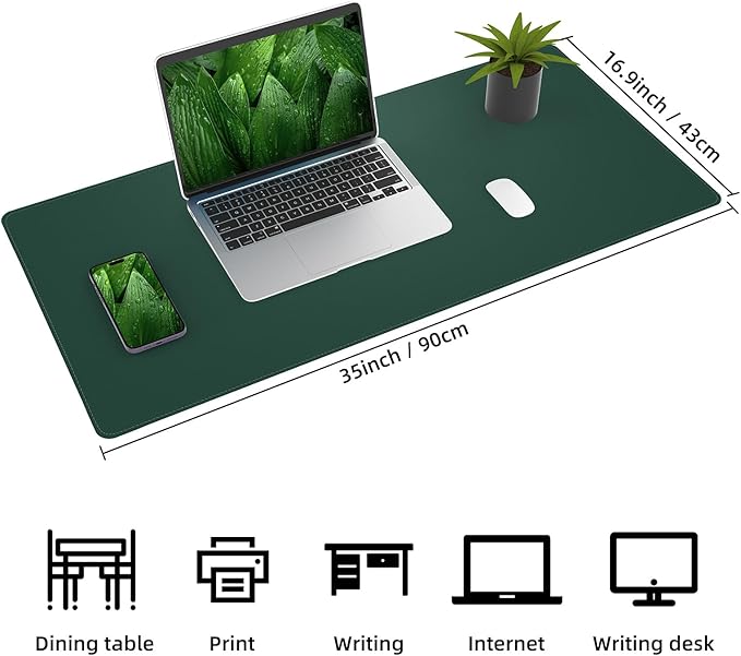 Leather Desk pad Protector, Large Desk mat with Natural Cork & PU Leather,Mouse pad,Non-Slip Office Desk Mat,Waterproof Desk Writing Pad for Office and Home (35in*17in, Dark Green)