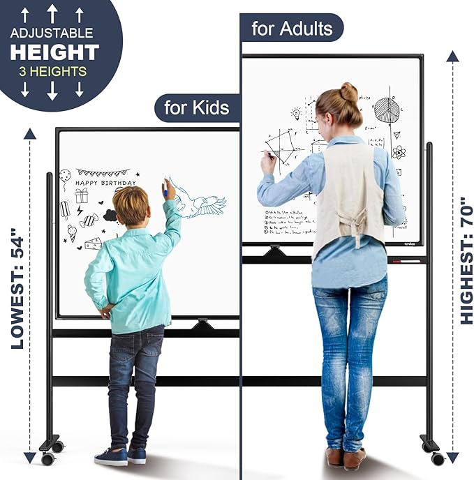 Dry Erase Whiteboard Easel on Wheels - TANKEE 48" x 32" Large Double Sided Mobile Whiteboard, Reversible Magnetic Rolling White Board for Home Office Classroom, Flip Chart Holders and Paper Pad