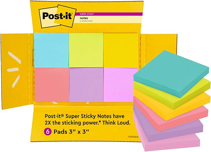 Post-it Super Sticky Notes, 3x3 in, 6 Pads/Pack, 90 Sheets/Pad, Amazon Exclusive Bright Color Collection, Aqua Splash, Acid Lime, Tropical Pink, Sunnyside, Guava and Iris Infusion